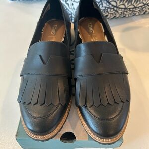 TOMS Mallory Black Leather Fringe Loafers